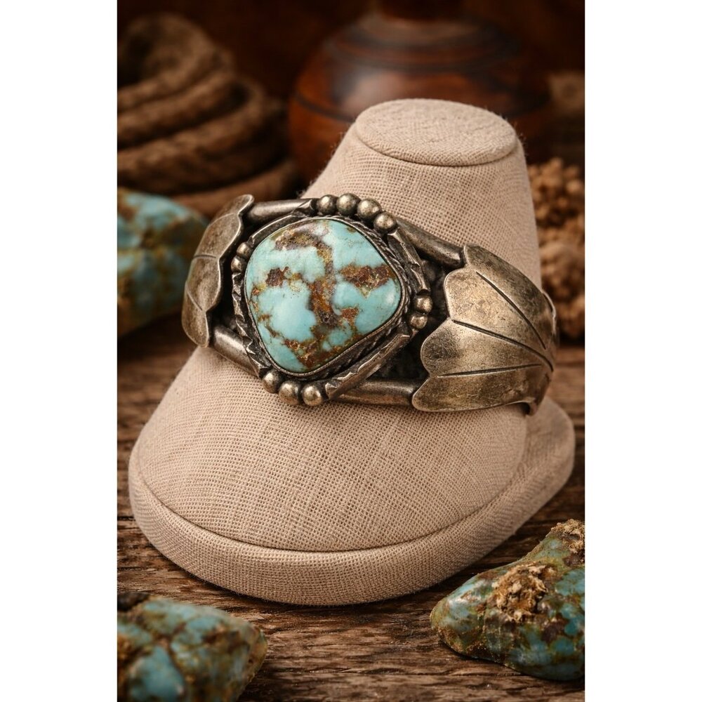 48.5g Solid 925 Sterling Kingman Turquoise Architectural Cuff Bracelet Chunky